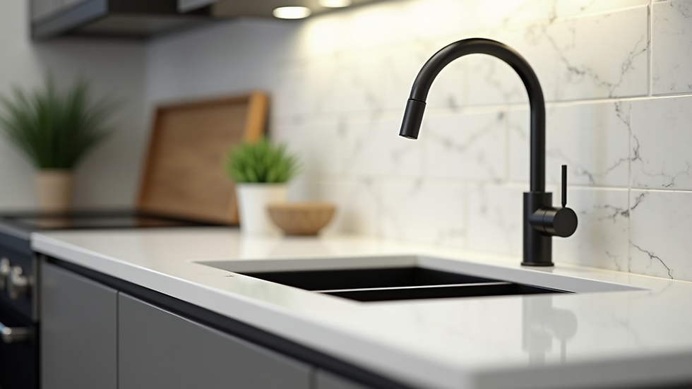 Close-up view of kitchen countertop with modern faucet and sink