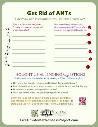 Get Rid of ANTs - A Live Oak Mental Wellness Project Worksheet for kids! - B