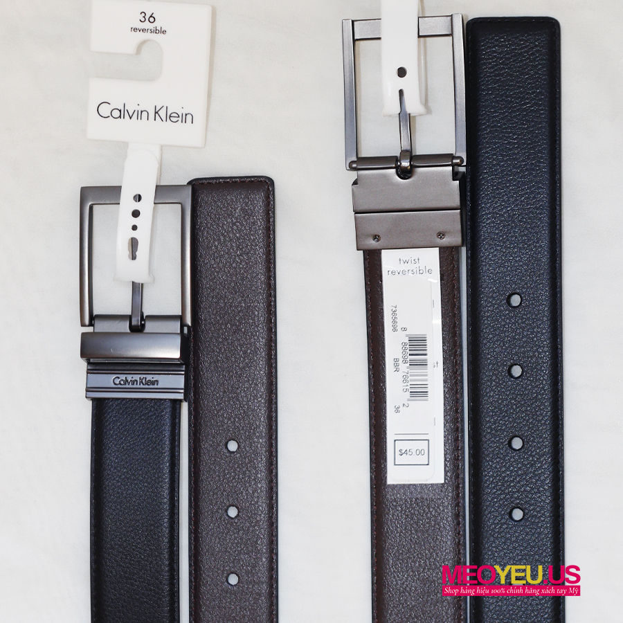 Thumbnail: NN25_3 Dây lưng da nam hiệu Calvin Klein CK mặt kim xám mờ xoay 2 mặt dây da đen sần nâu sần Reversible chính hãng MEOYEU.US