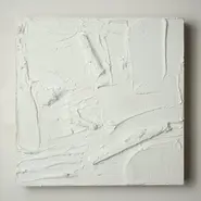 White abstract composition with rhythmic palette-knife textures and softly sculpted forms, emphasising stillness through material presence.