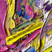 A close up of a predominantly purple and yellow abstract painting in oils featuring impasto texture.