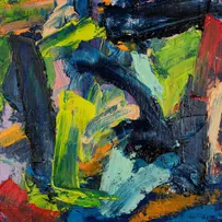 Bold expressive abstract oil painting by Steve Roberts titled 'Night Jungle'. Featuring bold dark palette knife marks, deep blues and intense yellows, greens, reds, blues and purples.