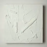 White monochrome abstract painting with pronounced impasto ridges and carved linear forms, exploring calm and stillness within textured materiality.