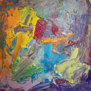 Expressive abstract painting by Steve Roberts featuring energetic impasto in purple, orange, red, yellow and blue; part of the developing Cotswold Rhythm body of work inspired by shifting colour and landscape rhythm.