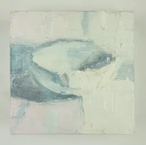 Subtle impasto still-life painting featuring a minimalist vessel shape in cool blue-greys and off-whites, ideal for UK collectors of contemporary abstract realism by Steve Roberts.