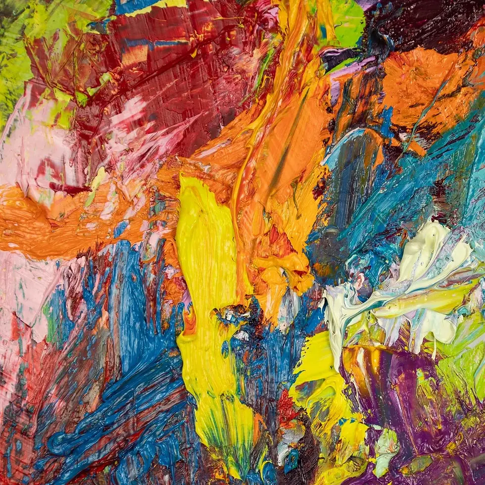 Macro view of an abstract painting with heavy impasto: a bright yellow vertical stroke cutting through ochre-orange paint, alongside teal-blue and burgundy passages with scraped, energetic marks.