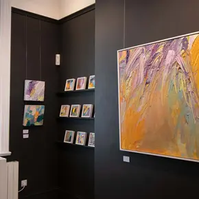 Installation view of Steve Roberts’ Luscious exhibition at Spring Cheltenham, showing large impasto abstract landscape paintings in a contemporary gallery setting with natural light and textured colour fields.
