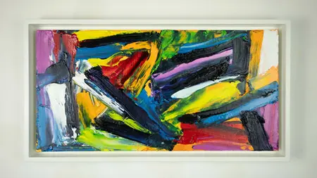 A framed colourful abstract painting by a UK artist titled ‘Latin Jazz'  featuring stark contrasts, highly saturated colour and expressive brush and palette knife work.