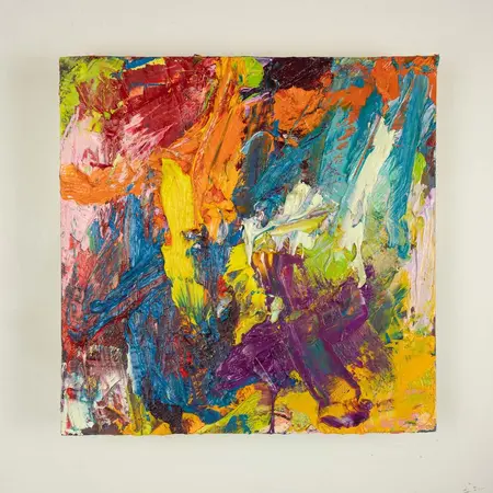 Abstract painting by UK artist titled 'Cotswold Rhythm No.2'. The painting features expressive brush and palette knife work, vibrant colour and energy with yellow, blue, red, green and orange.