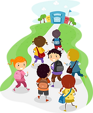 Cartoon of children arriving to school on time.