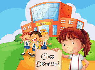 Cartoon of Students Leaving School while another student holds up a sign that says "Class Dismissed".