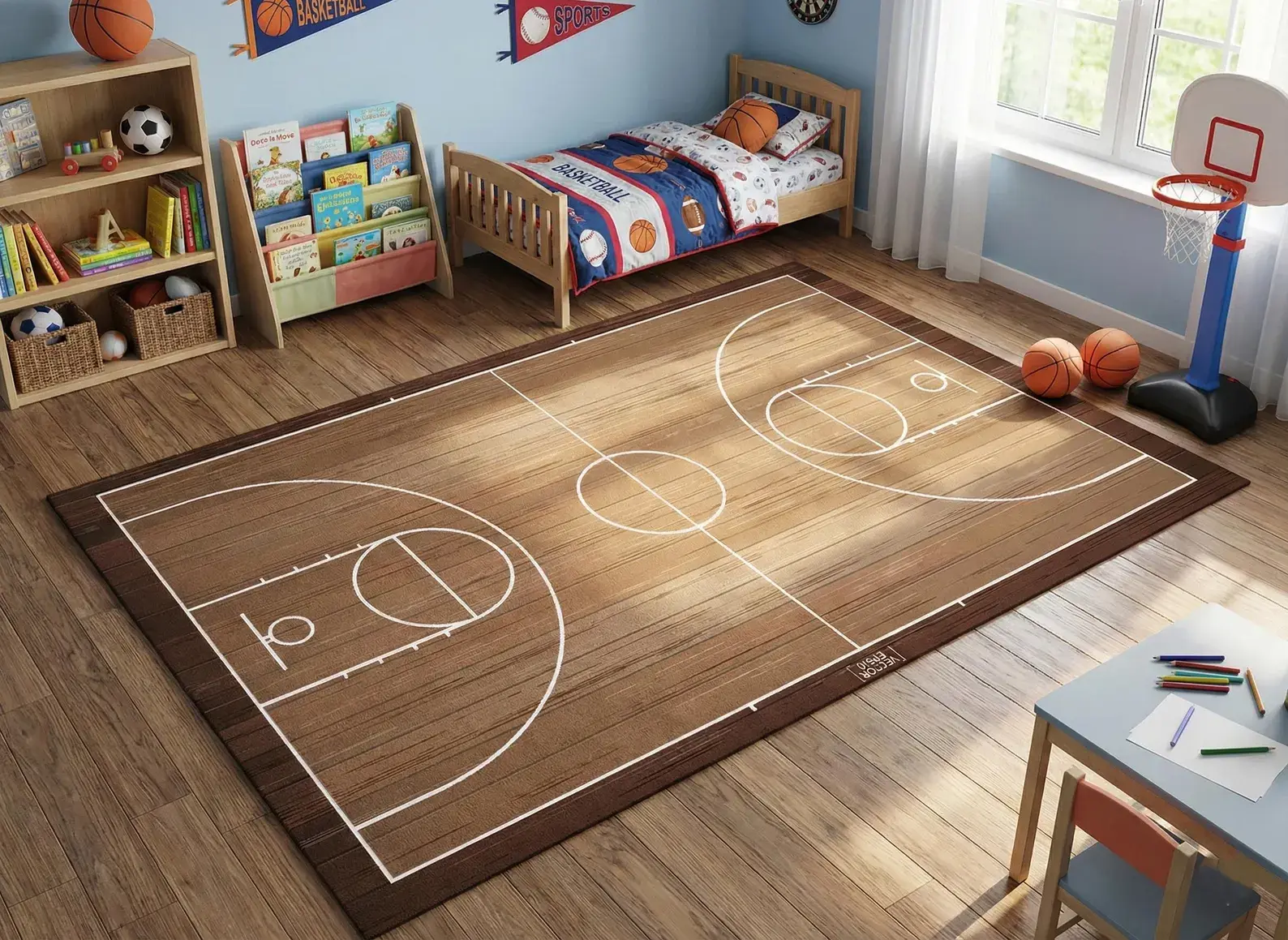 Basketball-Themed Rug for Kids' Rooms and Play Areas