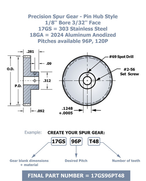 Spur Gear Pin Hub 1/8 Bore 3/32 Face Pitches: 96P, 120P