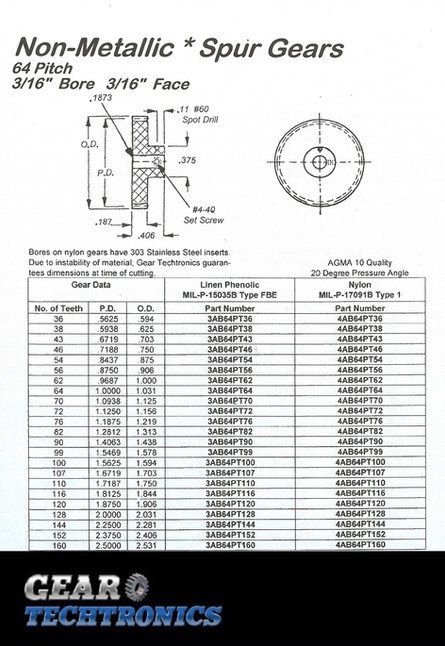 Nylon & Linen Phenolic Spur Gears 64 Pitch 3/16 Bore 3/16 Face