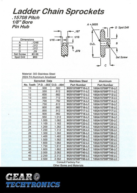 Ladder Chain Sprocket .15708 Pitch Pin Hub .125 Bore