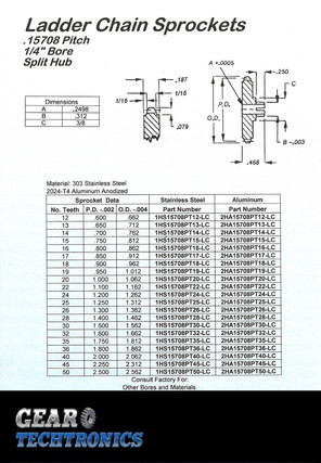 Ladder Chain Sprocket .15708 Pitch Split Hub .250 Bore