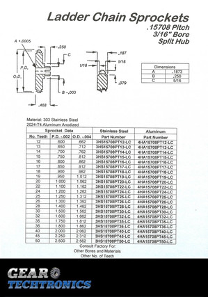 Ladder Chain Sprocket .15708 Pitch Split Hub .1875 Bore