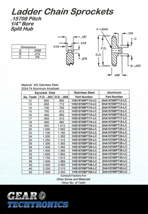 Ladder Chain Sprocket .15708 Pitch Hubless .375 Bore