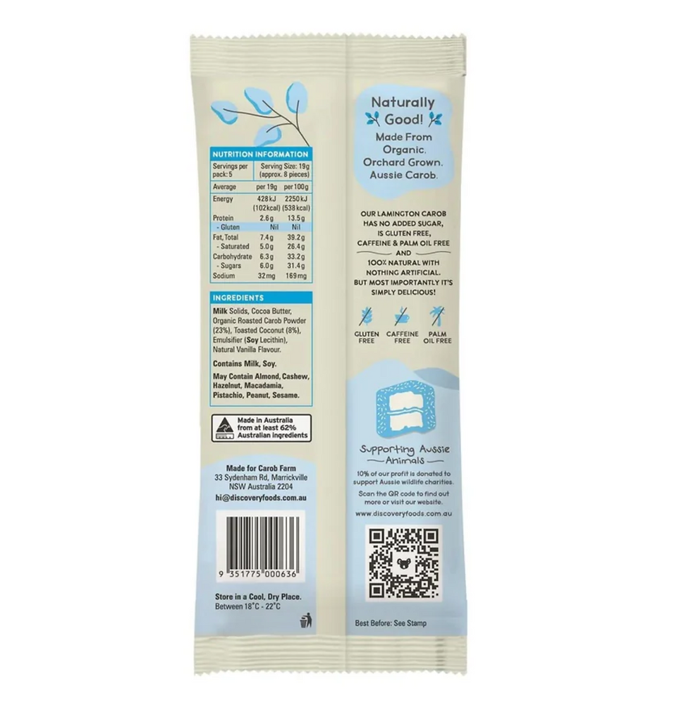 Organic Carob Chocolate - 95g Block - Lamington - Carob Farm