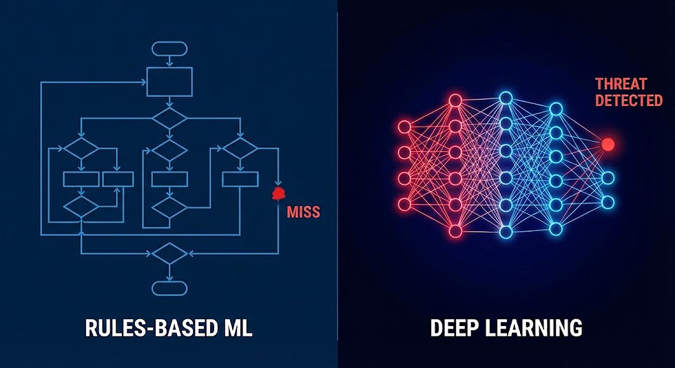 Deep Learning vs Machine Learning Cybersecurity, Unterschied regelbasierte und KI-basierte Erkennung, neuronale Netze IT-Sicherheit, Deep Learning Malware Erkennung, Grenzen traditioneller Virenscanner, Next-Gen Antivirus vs Legacy, Deep Learning Bedrohungsanalyse, KI in der Cyberabwehr, signaturbasiert vs verhaltensbasiert, Machine Learning False Negatives, Cybersecurity KI Evolution