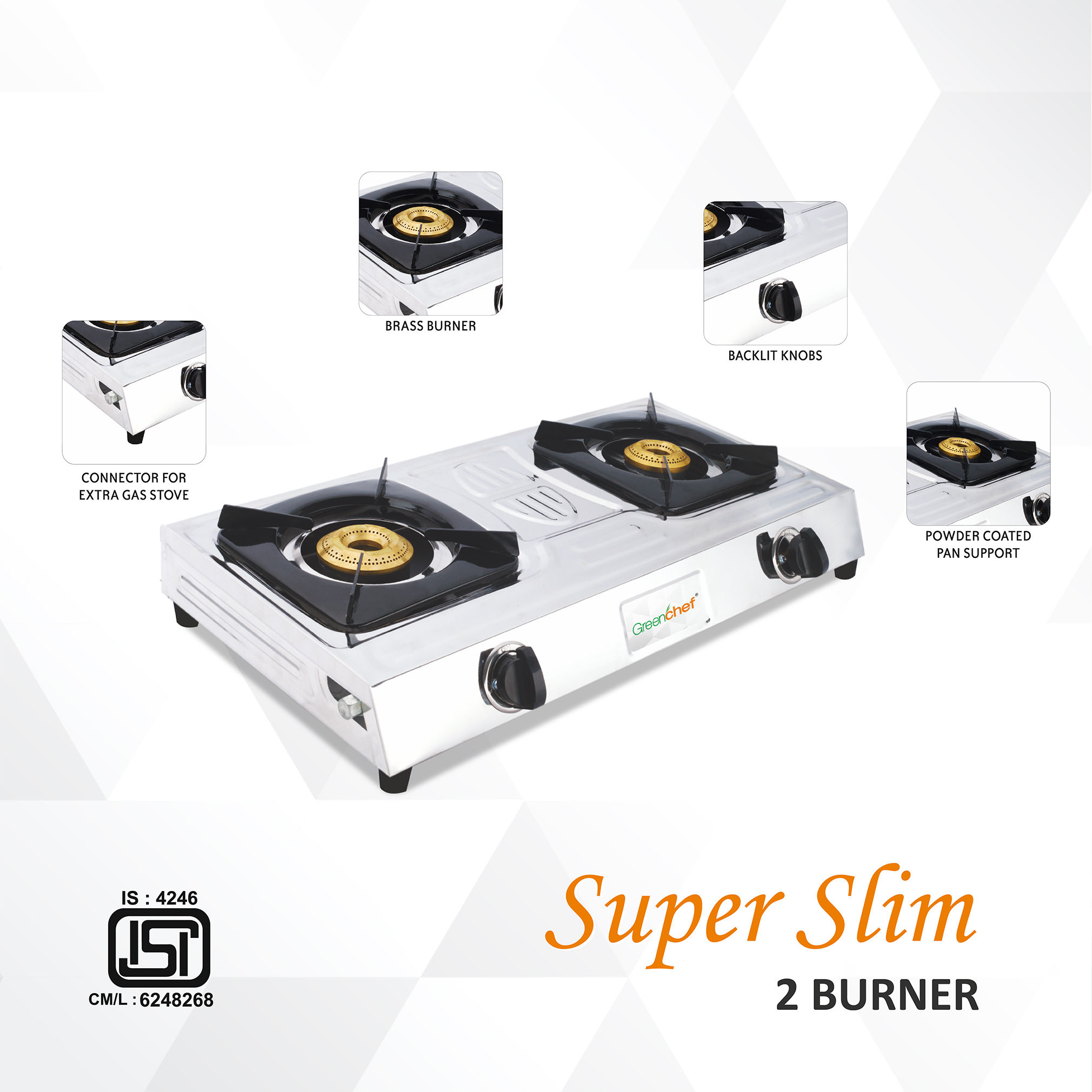 Greenchef Stainless Steel Super-Slim 2 Burner Gas Stove