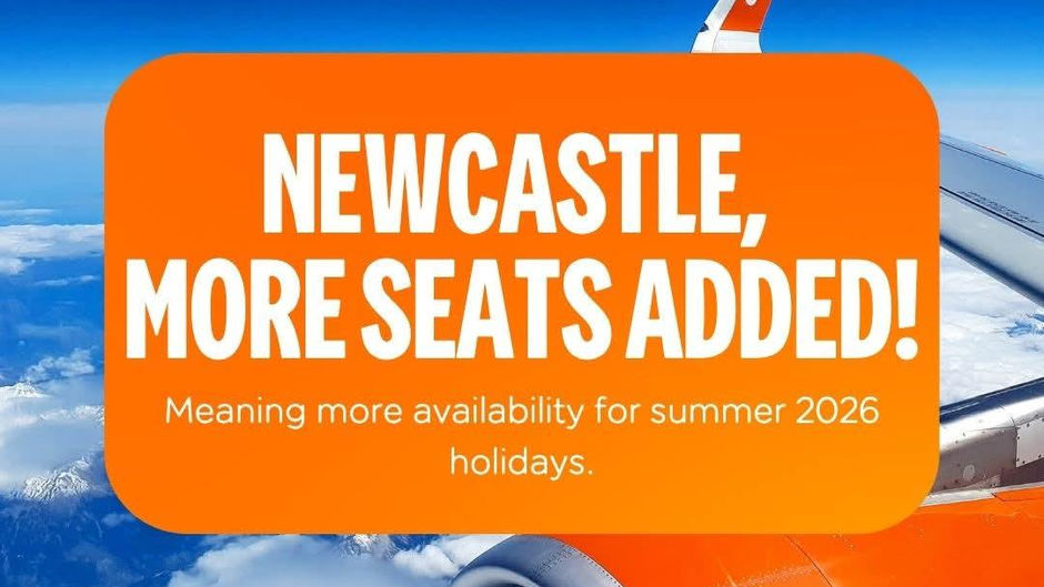 EasyJet ad with an airplane engine against a blue sky, announces "Newcastle, More Seats Added!" for summer 2026 holidays.