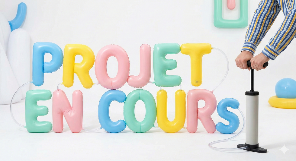 Génération IA d'une image d'attente de studio Gonflé. Une typographie ballon colloré.