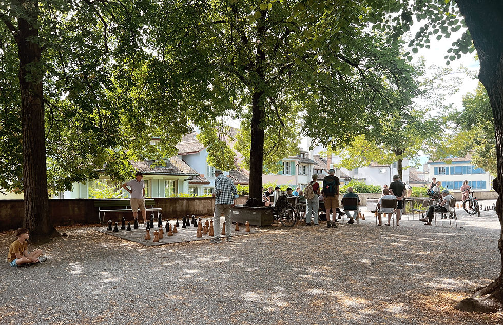 En we komen bij een prachtig hoog park uit. Dex vind het schaakspel natuurlijk reuze interessant dus hij gaat er maar bij zitten.