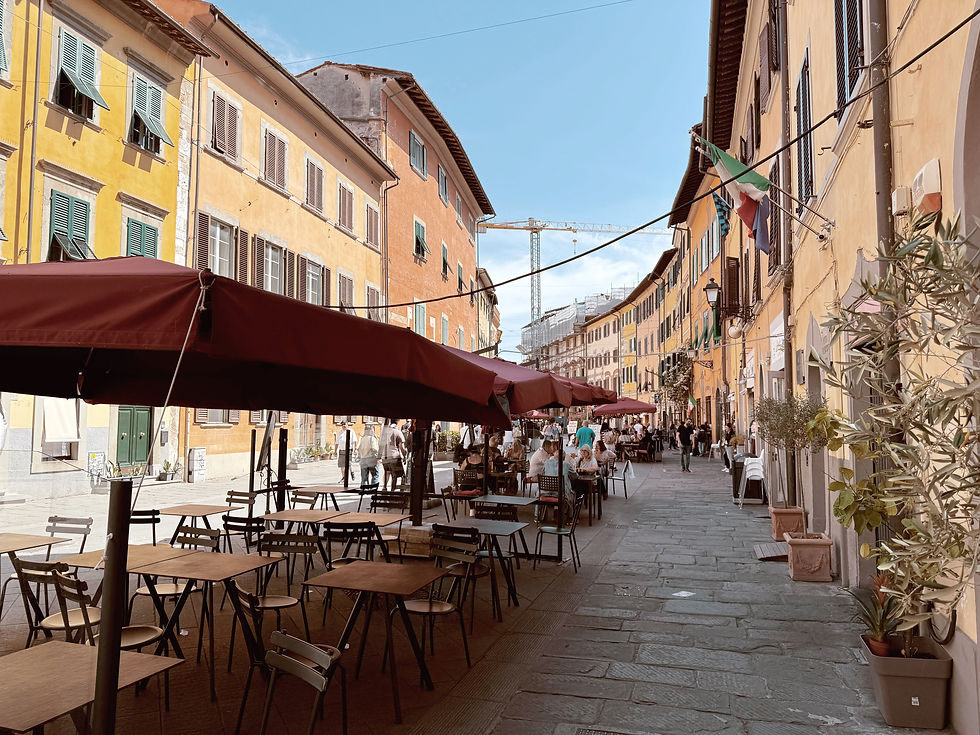 We lopen terug via het centrum bij alle restaurants en winkels. Het is een gezellige stad. Heerlijk om doorheen te wandelen.