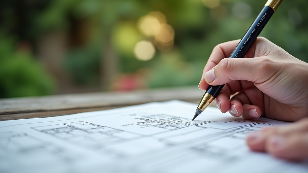 Close-up view of a garden designer sketching a luxury garden plan