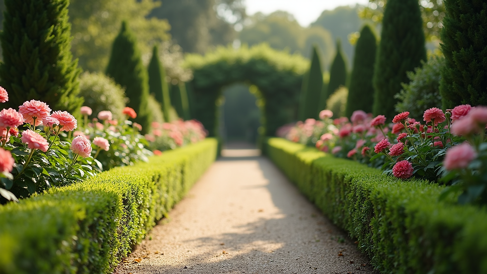Eye-level view of a beautifully maintained luxury garden with trimmed hedges and blooming flowers