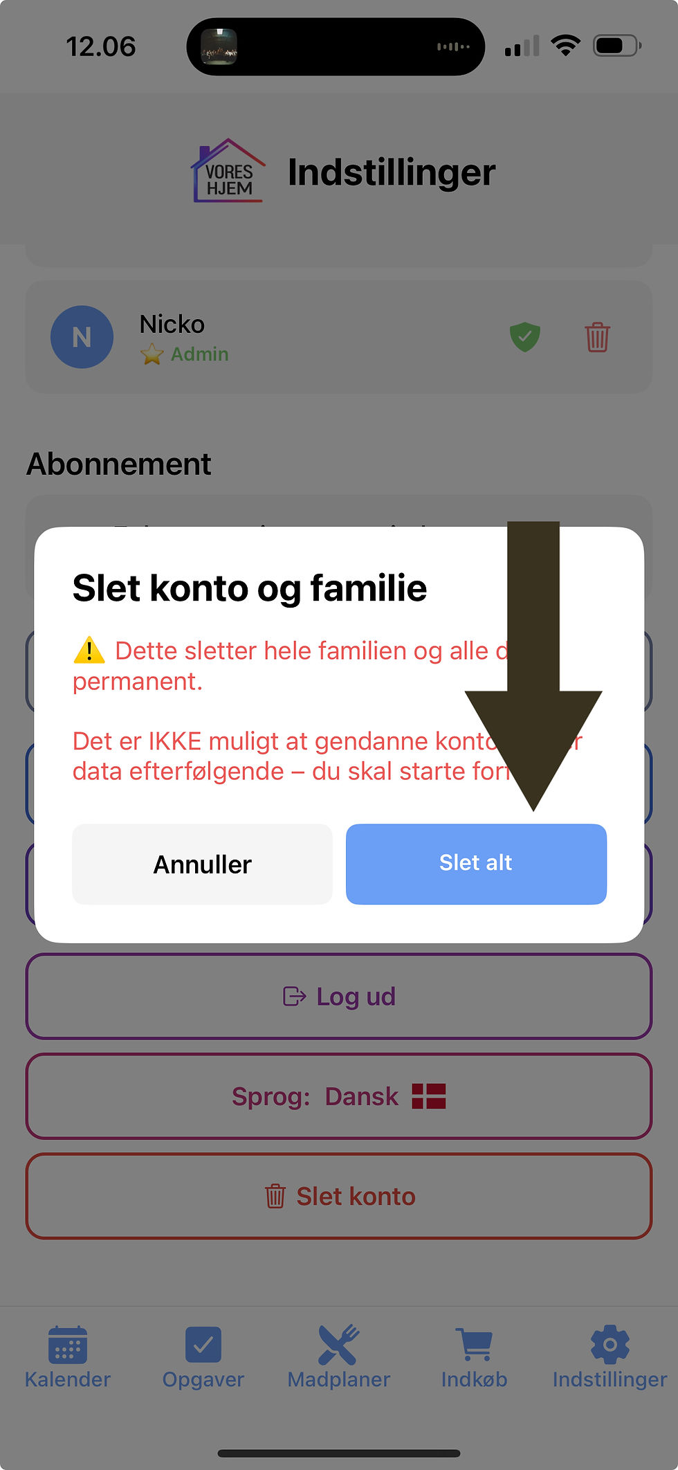 Vores Hjem app - Slet