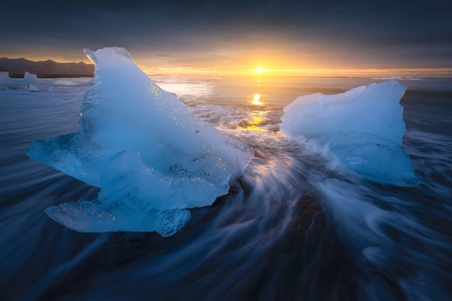 Icebergs on Diamond Beach at sunset during the Iceland Photo Tour 2027