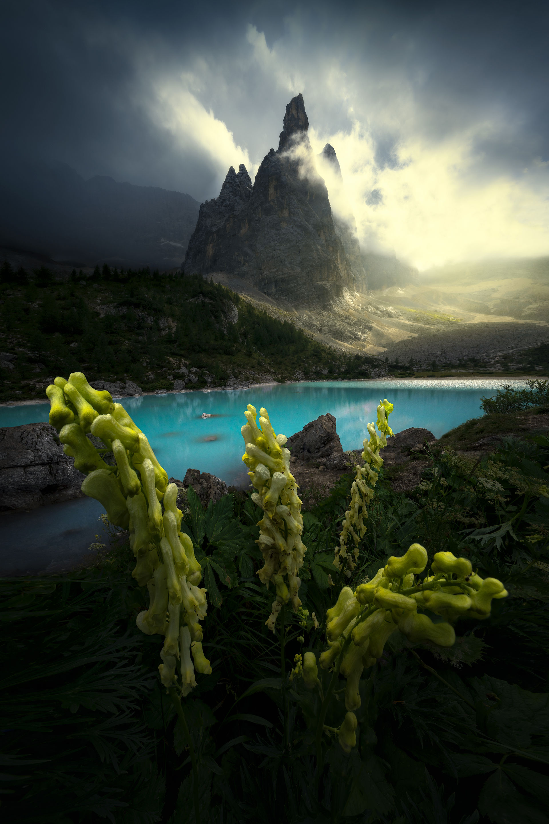 Summer Lago di Sorapis during evening golden hour