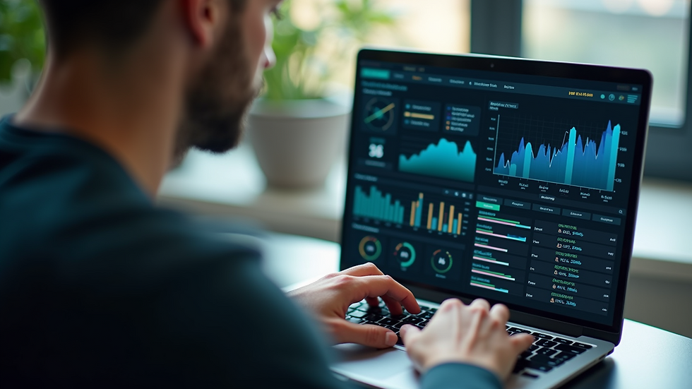 Close-up view of a person analyzing digital marketing data on a laptop