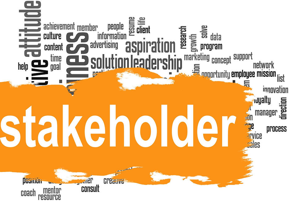 Stakeholder word cloud in orange and white.