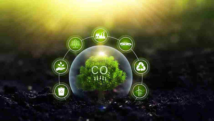A conceptual image depicting CO2 reduction with icons for renewable energy and sustainability.