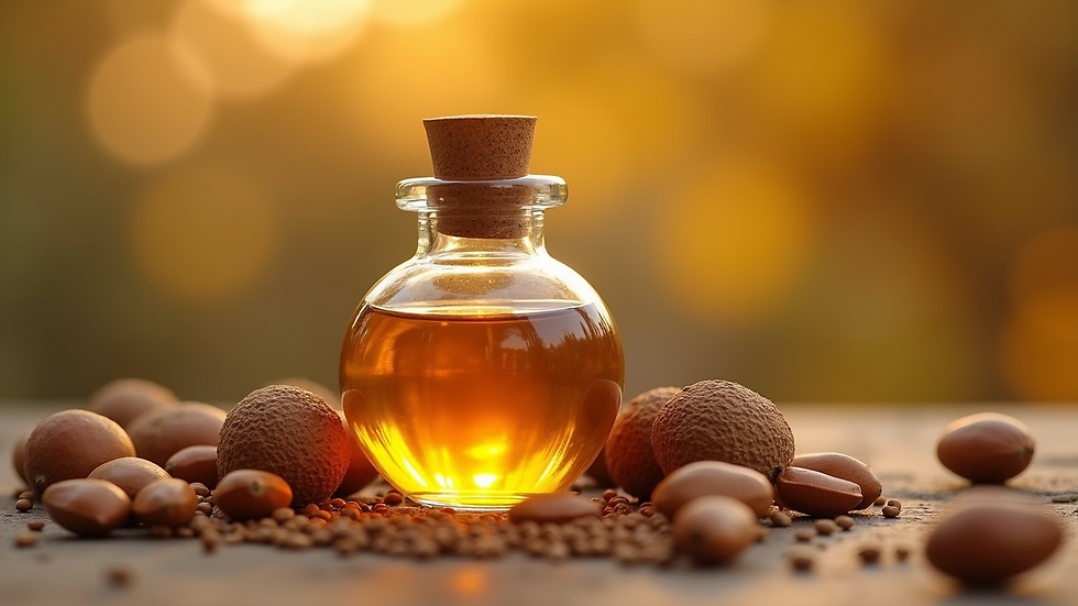 Close-up view of a bottle of argan oil surrounded by argan nuts