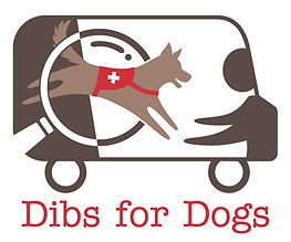 Dibs for Dogs logo in red font accompanied by a black and white van with a service dog jumping from a dark area through a magnifier toward a human silhouette with open arms in a light area.