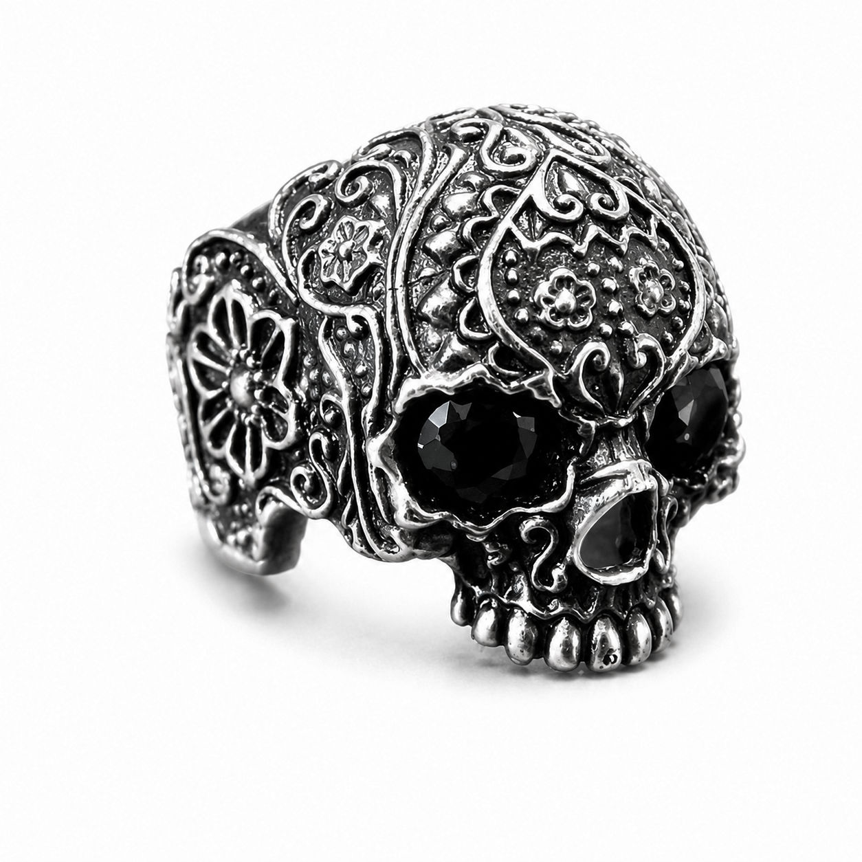 Jawless Flower Skull Ring - Silver W/ Onyx Eyes