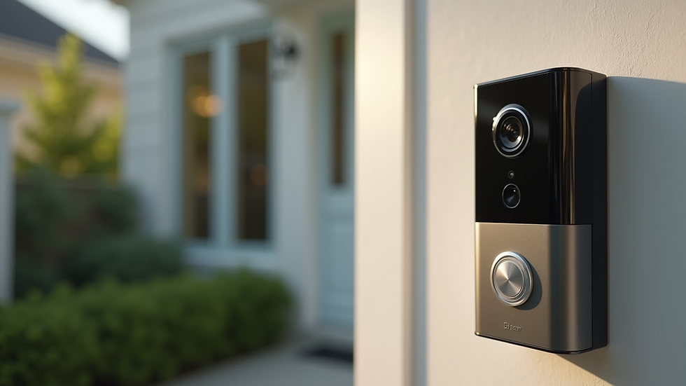 High angle view of a smart video doorbell installed on a front door
