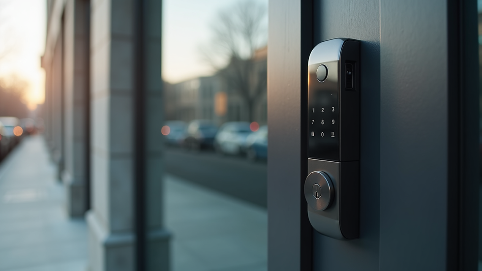 Close-up view of a smart lock installed on a commercial building door
