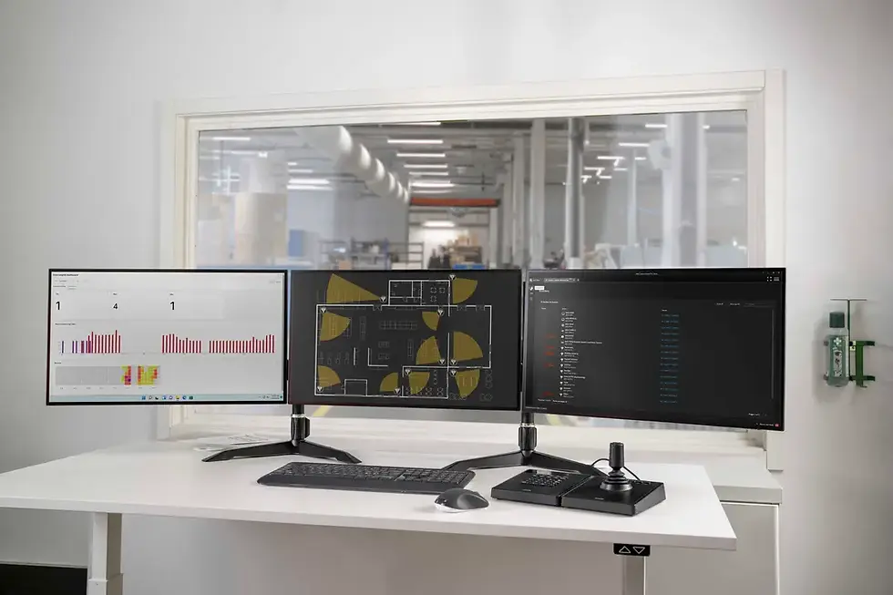 Eye-level view of a modern security control room with multiple monitors displaying live camera feeds