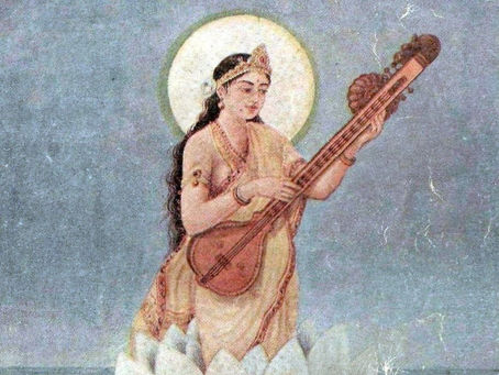 Die Entstehung der Welt. Die Geschichte, wie Saraswati und Brahma aus Klang die Welt formen.