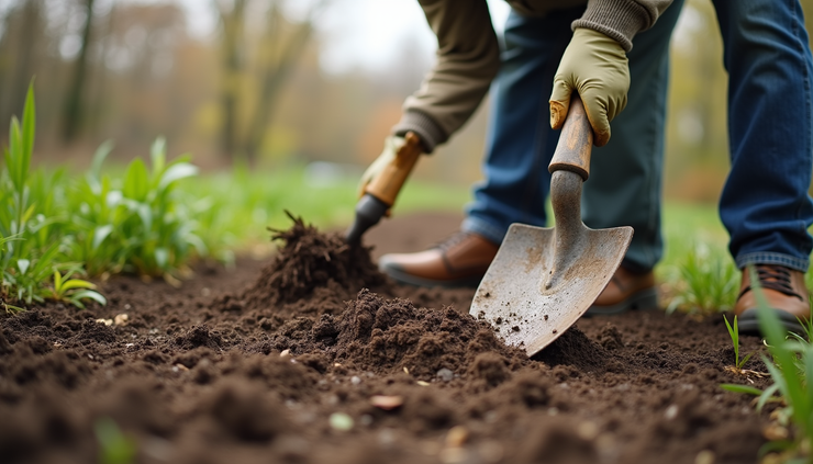 Eye-level view of a gardener clearing garden beds with tools and fresh soil