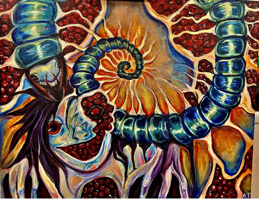 (24 x 36, Acrylic on Canvas). 'Phobos in an Alcove' is a work depicting the surrealistic landscape I find myself revisiting in an unpleasant state of mind. One filled with the wriggling insect-like manifestations of my unconscious terror and the rotting fruit that is my viscera and flesh. This painting was made at a time where my life was all but chaos and unending visions dancing around that pervaded my daily routine in ways I couldn't quite find the right words to describe.