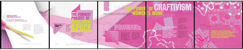 Subversive Power of Craftivism. A sequence of five 5” × 5” prints. Created for the Objects Project in Design Process 1, Subversive Power of Craftivism studies how colour, type, layout, and craft can act as tools of reclamation.