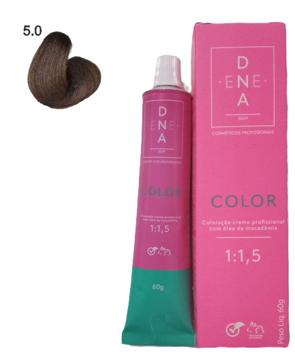 Miniatura: tufo de cabelo  5.0 no canto superior esquerdo e caixa rosa da coloraçao com o tubo da coloração metade de baixo verde e metade de cima rosa no lado direito