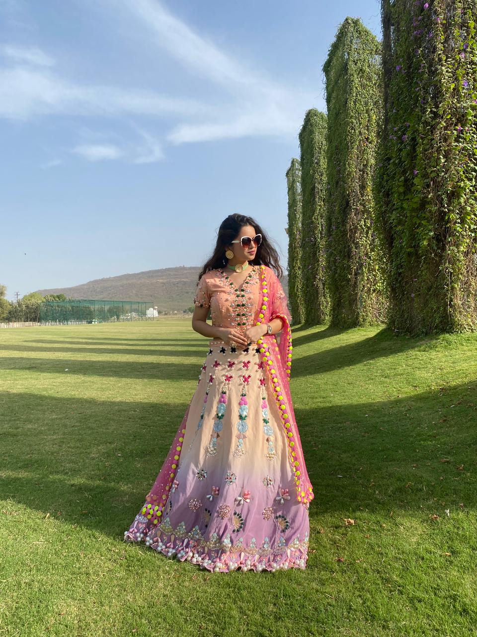 Thumbnail: Multi color lehenga with contrast pink dupatta