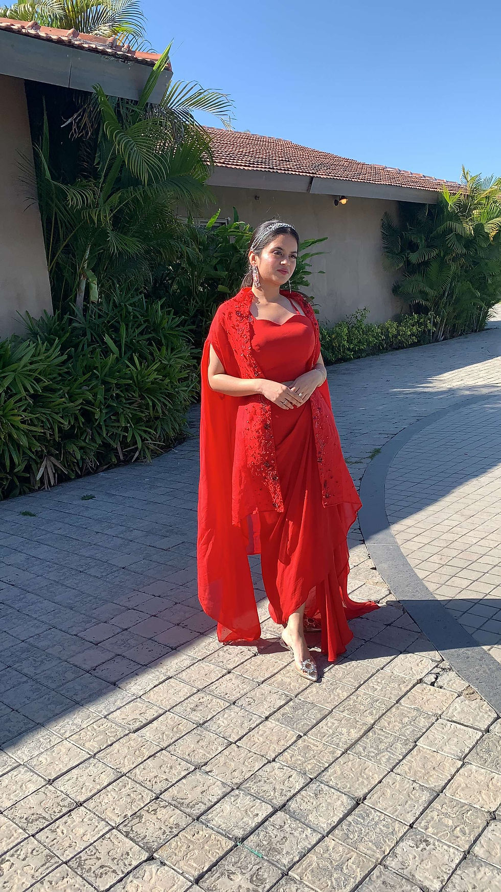 Thumbnail: Red draped skirt, tube paired with cape